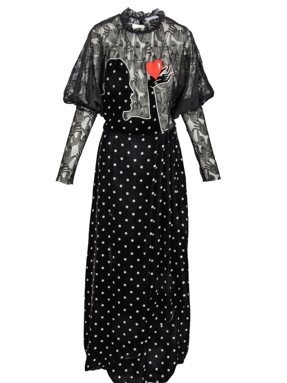 VIVETTA Black Polka Dot Lace Midi Dress with Red Heart Detail